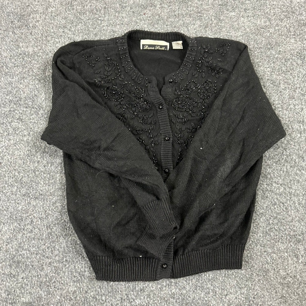 Dana Scott Cardigan Womens Size M Black Ramie Rayon Beaded Floral Knit Vintage